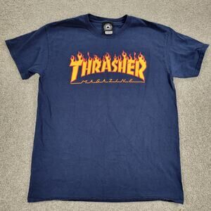 VTG Thrasher Magazine Burn it Down T-shirt M Blue Flame Logo Skateboard Graphic